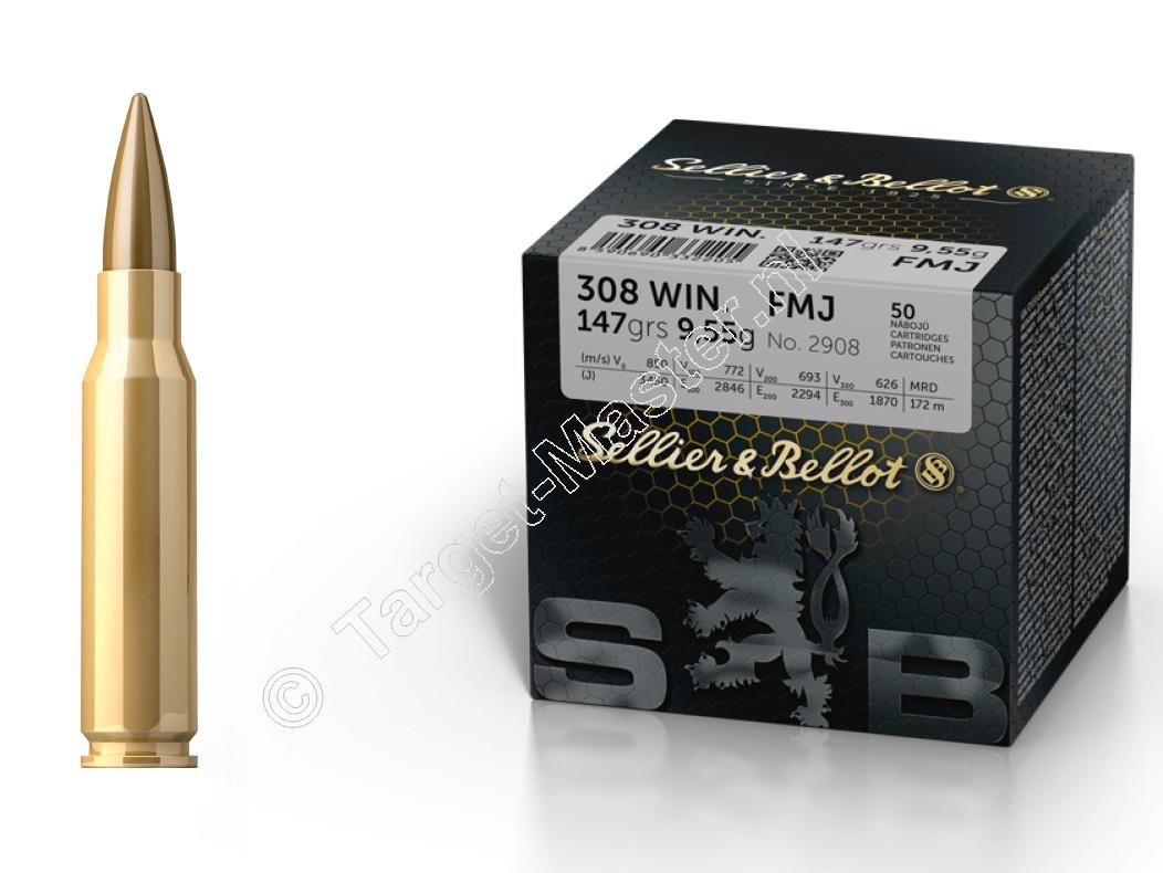 Sellier & Bellot FMJ Ammunition .308 Winchester 147 grain Full Metal Jacket box of 50